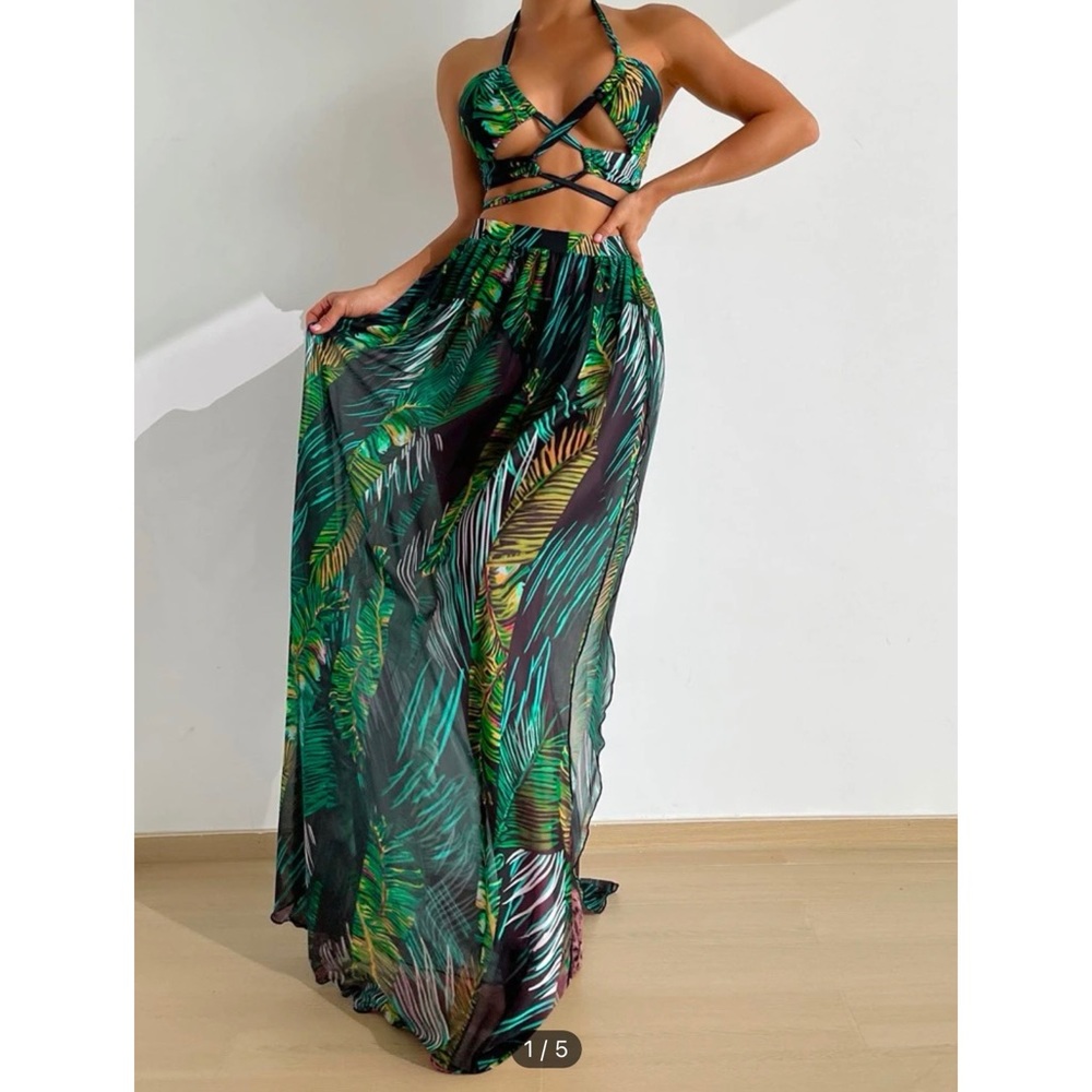 Green Tropical Bikini Swimsuit with Matching Beach Skirt Set- NEW